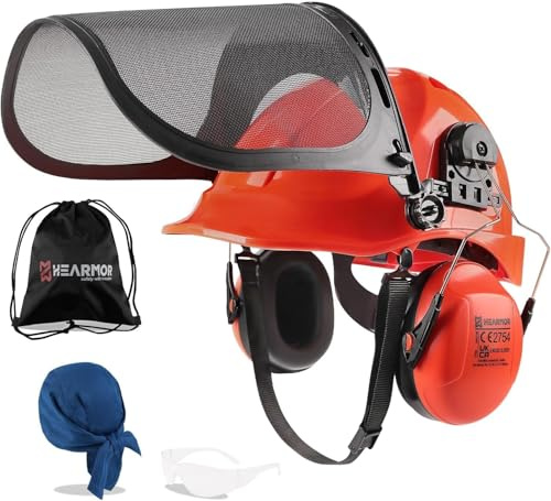HEARMOR Kettensägen Schutzhelm mit Visier und Gehörschutz für Landschaftsgärtner und Forstarbeiter - inklusive tragbarer Tasche und kühlender Helmeinlage