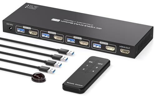 PVBCTCSID KVM Switch 4 PC 1 Monitor HDMI 4K60Hz Edid Emulation KVM Switch 4 Port USB HDMI Umschalter für 4 PC Die Sich 1 Monitor Und 4 USB3.0-Geräte Teilen IR-Fernbedienung Und 12V Netzteil Enthalten