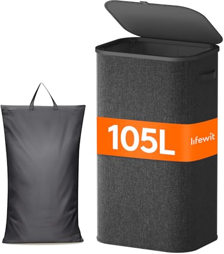 Lifewit Wäschekorb mit Deckel, 105L Wäschesammler mit Kunststoffrahmen, faltbarer großer Wäschesortierer, Wäschebox Laundry Baskets für Schlafzimmer, Bad, Dunkelgrau