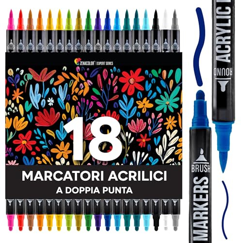 Zenacolor 18 Acrylstifte für Steine wasserfest mit Doppelspitze (feine Spitze und Pinsel) - Acrylstifte verschiedene Oberflächen - Multimarker Acryl