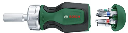 Bosch Stubby Ratschenschraubendreher mit Bit Magazin, 6-teilig (mit hohem Drehmoment; 6 Bits im intergrierten Bitmagazin; ergonomisch; magnetischer Bithalter)