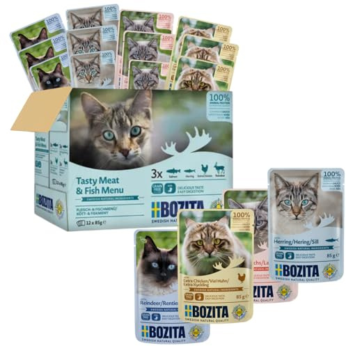 Bozita Nassfutter Häppchen in Sauce mit Fisch und Fleisch - 12x85g Portionsbeutel getreidefreies & weizenfreies Futter - Katzennassfutter für erwachsene Katzen mit 8,5% Protein & 4,5% Fettgehalt