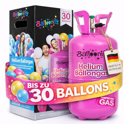 Helium Ballongas für 20/30/50 Ballons | Heliumflasche Set mit Knickventil für Luftballons + Folienballons | Geburtstag Party Hochzeit Flasche, Größe: Ballongas für 30 Ballons