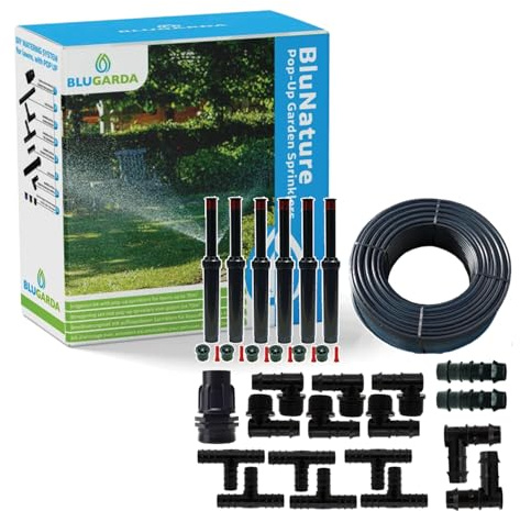 BluGarda - BluNature Pop-Up Bewässerungssprinkler für den Garten - Rasenbewässerung Sprinklersystem Kit - Pop-up Sprinkler mit Sprühköpfen Set für Rasenflächen bis zu 70m2