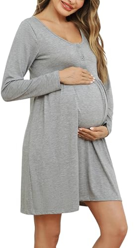 Bresdk Stillnachthemd Damen Langarm Umstandsnachthemd mit Knöpfen | Praktischer Henley-Ausschnitt mit funktioneller Knopfleiste ermöglicht schnelles und diskretes Stillen im Alltag