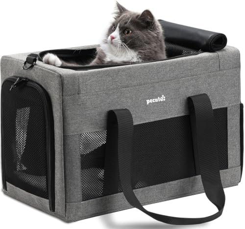 pecute Katzentasche Transporttasche Stabiler, Hundetransporttasche Halt Haustier Tragetasche,Katzentragetasche Leicht, Belüftete Katzentransportbox für Reisen,Auto,Tierarzt, bis 4 kg,Hellgrau