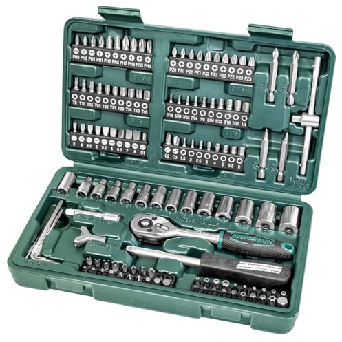 Brüder Mannesmann Steckschlüssel- und Bitsatz, 130-teilig - Werkzeugkoffer mit Ratsche, Schraubendreher, Sechskantschlüssel, Stecknüssen & 100 Bits - aus Chrom-Vanadium-Stahl | M29166