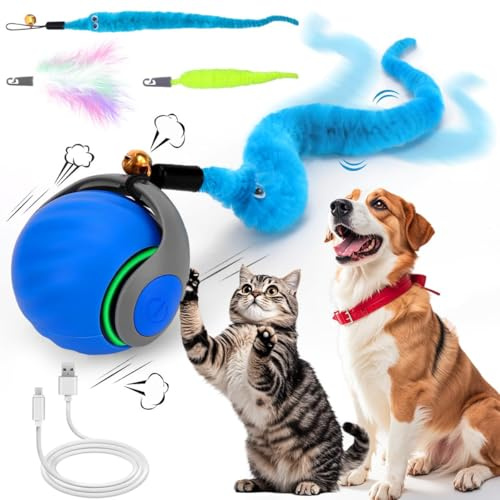 NEOVSUNY Interaktives Katzenball Spielzeug, Elektrisch Katzenspielzeug Ball | interaktives Spielzeug mit Schwanz für Katzenspielzeug Selbstbeschäftigung,Über USB Wiederaufladbares(3 Schwanzteile) blau