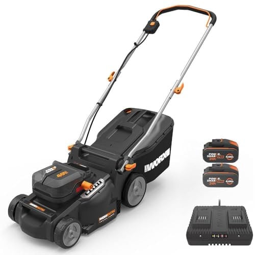 WORX WG737E Nitro Akku-Rasenmäher 40V(2x20V) - leistungsstarke bürstenloser Motor - 37cm Schnittbreite - 6 Schnitthöhenstufe (20-70mm) - 40L Grasfangsack - inkl. 2x4Ah Akkus & Dual-Ladengerät