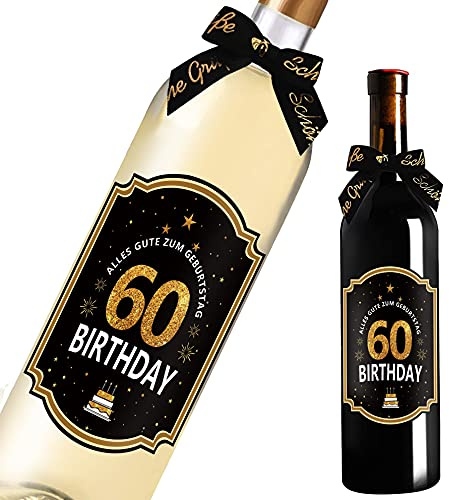 60. Geburtstag Flaschenetikett mit Schleife Schwarzes Gold Lack veredelt 8.5 x 10.5 cm Happy Birthday 60 - Geburtstagsdeko Geburtstagsgeschenk Geschenke für Frauen Männer