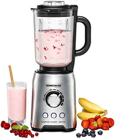 ROMMELSBACHER Standmixer MX 1250-22.000 U/min, stufenlose Drehzahlregulierung, Funktionstasten (Smoothie, Clean/Pulse, Ice Crush), Glaskrug, Edelstahlgehäuse, Spezialmesser, 1200 Watt
