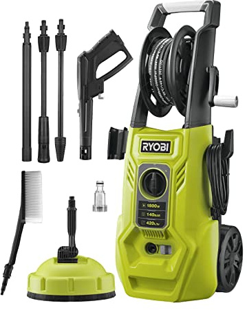 RYOBI 1.800 W Elektro-Hochdruckreiniger RY140PWA, Druck 140 bar | 110 bar Druck, 360 l/h Durchflussmenge, Lanze, Turbodüse und verstellbare Düse, Terrassen, Fahrräder, Gartenmöbel