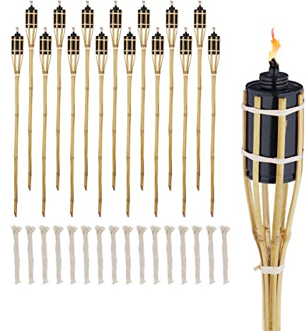 Relaxdays Gartenfackeln für draußen, 16er Set, 90 cm, Bambusfackeln Gartenparty Deko, Ölfackeln mit Ersatzdocht, Natur