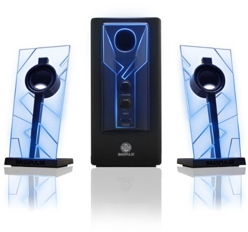 GOgroove 2.1 Soundsystem Computer Lautsprecher PC mit LED Effekt Desktop PC Lautsprecher 2.1 Anlage mit Subwoofer und blauen LED Highlights, Perfekt Geeignet für Stereo Gaming an Ihrem Computer - Blau