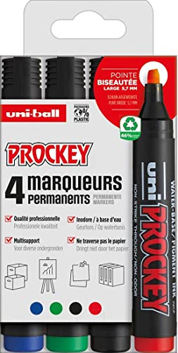 Uni-Prockey 159004 - Permanentmarker Uni Prockey, Keilspitze, 3 - 6 mm, 4er Etui, Inhalt: schwarz, grün, rot und blau