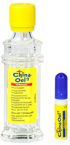 China Oel 25ml mit Inhalator - reines Pfefferminzöl zur Einnahme und Inhalation bei Erkältung und Muskelschmerzen