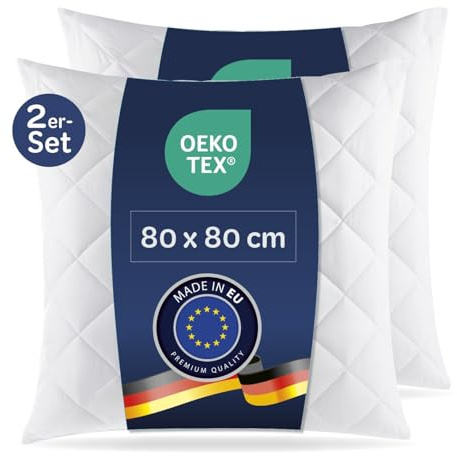 7dreams® 2X Microfaser Kopfkissen gesteppt 80x80 cm | Allergiker geeignet, Öko-Tex Zertifiziert, Faserkugelfüllung, 1.000g Füllgewicht | Kochfest 95°C waschbar