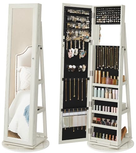 SONGMICS Schmuckschrank, Standspiegel, Spiegelschrank, mit Ganzkörperspiegel, um 360° drehbar, Schmuckaufbewahrung, abschließbar, mit Schlüsseln, Geschenkidee, weiß mit Grauer Holzmaserung JBC62W