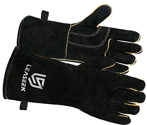 LeaSeek Grillhandschuhe aus Leder, Hitze & Feuerbeständig Schweißhandschuhe | Kaminhandschuhe,Rindsleder,14in,Feuerfest,Hitzeschutz,Kevlar-Naht,für schweißen,grill,ofen,kamin,oven,holzofen,kaminofen