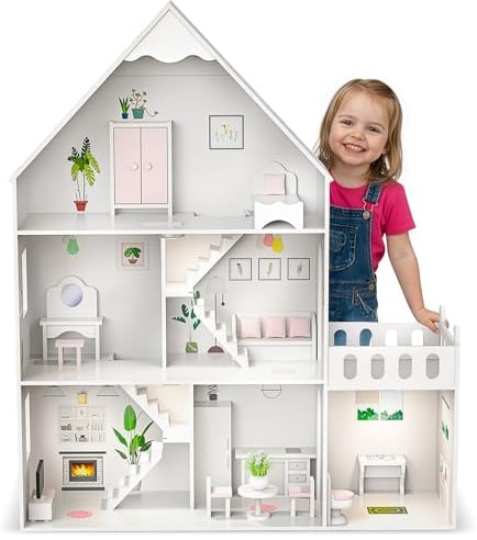 Barbie Puppenhaus Holz groß 118 cm – Kinderplay 3-stöckiges Puppenhaus für Kinder mit Möbeln, LED Licht, Aufklebern und Zubehör – Modernes Holz Spielhaus Geschenk ab 3 Jahre