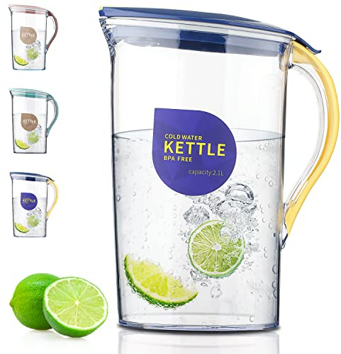 Berglander Karaffe, Kühlschranktür Wasserkrug mit 2,1-Liter-Deckel, durchsichtige Fiberglaskaraffe, perfekt für die Zubereitung von Tee, Saft und kalten Getränken, BPA-frei