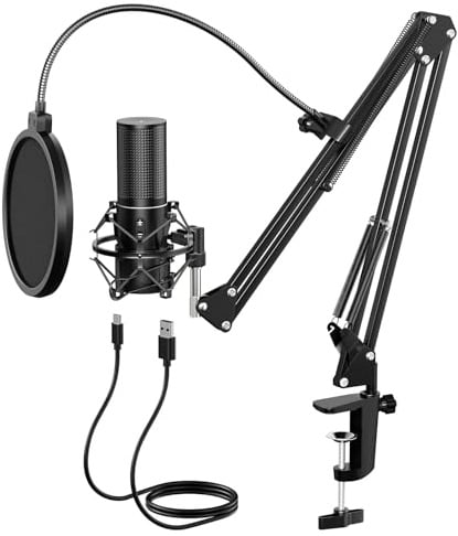 TONOR USB Podcast Microphone, Gaming PC Studio Streaming Mic Kit for PS4/5/Discord/Twitch Gamer, Recording Condenser Equipment for Singing, YouTube, 200 cm Kabel, with Arm Stand, Q9