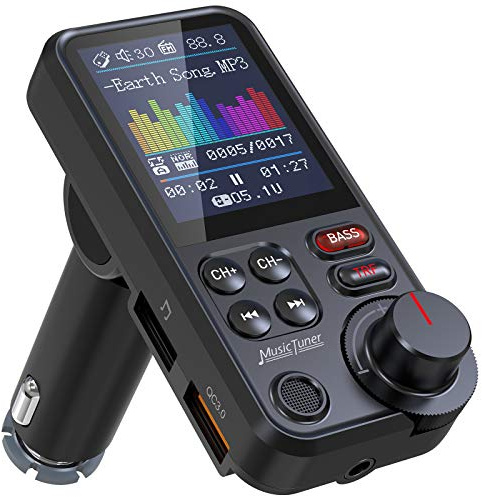 Nulaxy Bluetooth Adapter Auto, Starkes Mikrofon FM Transmitter Auto Bluetooth mit 1,8-Zoll-Farbbildschirm für Freisprechanrufe, unterstützt QC3.0-Lade-, Höhen- und Bassmusik-Player - KM30