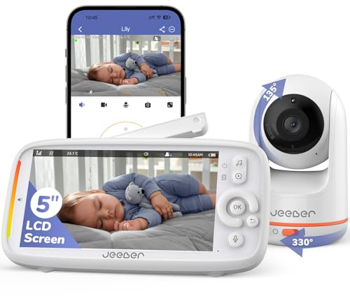 jeeber 2K/3MP Babyphone mit Kamera APP, 360°, 5" WLAN Video Babyfone, HDR-Nachtsicht, Weinen/Bewegungs/Geräusch-Erkennung, Temperaturanzeige, hohe Reichweite, Bereich alarme, ohne ABO