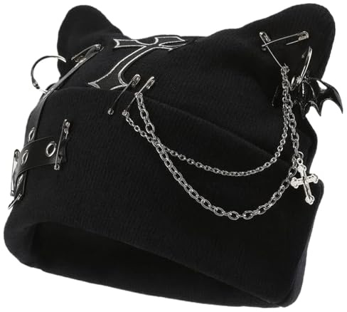 Dtaigou Katzenohren Beanie Für Damen Punk Häkelmütze Mit Ketten Design im