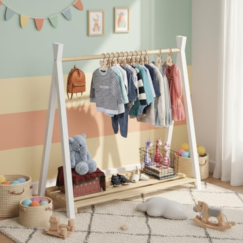 Bellabino Ryck Kleiderstange für Kinder, Natur/Weiß, Kiefer, Schuhablage | Montessori Kindergarderobe, Kleiderständer aus Kiefer Massivholz, für Jungen & Mädchen, Kinderzimmermöbel, Garderobe Kinder