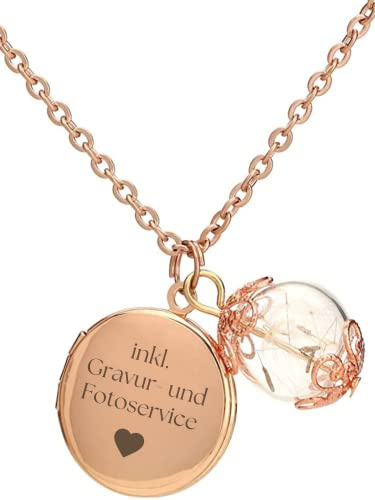 Foto Medaillon Halskette mit Pusteblumen Anhänger - Farbe Rosegold - Kette 70cm - Naturschmuck - Exklusive Geschenkbox