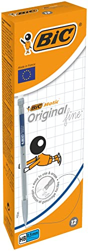 BIC 820958 Druckbleistift Matic, 0,5 mm, HB, sortierte Clipfarben, inklusive drei Minen, Schachtel à 12 Stück, hellgrau
