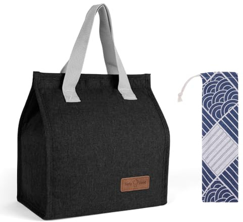 Vicloon Lunch Bag, Klein Lunchtasche, Faltbare Isoliertasche, Thermotasche mit Folienfutter, Mittagessen Tasche für Unterwegs, Arbeit, Schule, Ausflug Lebensmitteltransport - Schwarz