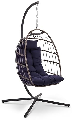 SereneLife Hängesessel mit Gestell Outdoor 250 kg – Wetterfest mit Kissen faltbar für Garten Balkon Indoor Relaxsessel Blau