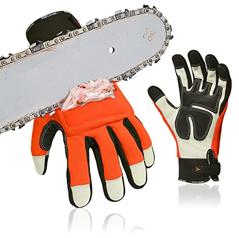 Vgo... Kettensägenhandschuhe aus Rindsleder, 12-lagiger Kettensägenschutz an der linken Hand, Sicherheit-Arbeitshandschuhe, Mechanikerhandschuhe(CA9759CS,Orange,L)