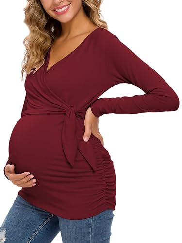 Ecavus Damen Umstandsshirt Stillshirt Langarm Umstandsmode Oberteil | Langarm V-Neck Schwangerschaftsmode Stilltop,Plissee-Design von Länge und Stil, für vor, während, nach der pregnancy
