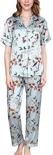 DISSA Damen 100% Seide bedrucktes Kurzarm Pyjama‑Set,EU 38-42 | Luxuriöse leichte Seide,Reverskragen‑Knopfoberteil,edler Blumendruck,Brusttasche,lockerer Schnitt für Freizeit