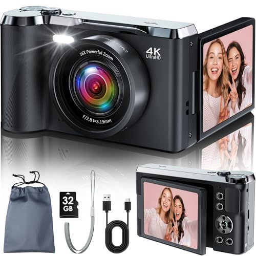 Digitalkamera, JDZ 4K Kamera Fotokamera 16X, Digitalkameras 1080P, Kompaktkamera mit 32 GB TF-Karte, Camera Digital, Foto Kamera für Kinder Teenager-Geburtstag, Valentinstagsgeschenk (Tiefes Schwarz)