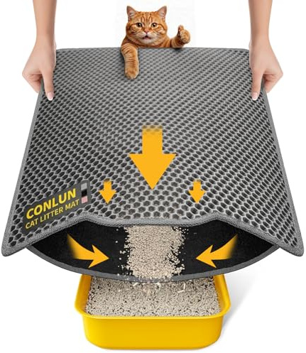 Conlun Katzenklo Matte, 58x42cm Waben Doppelschicht Katzenstreu Matte, Urin- & Wasserdichte Katzenmatte Katzenklo, Leicht zu reinigen, Rutschfeste Katzenmatte für den Boden, Grau, 2317