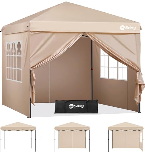 Sekey Pop Up Pavillon 3x3 Wasserdicht Stabil, Faltpavillon 3m x 3m mit Seitenwänden, Partyzelt Faltbar für Camping Party, Stufenlos Höheverstellbar 250 bis 270cm, Premium Serie 3x3, Khaki