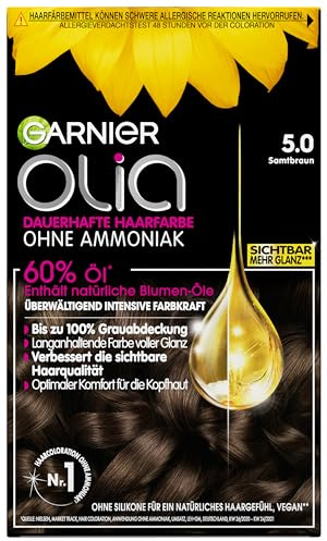 Garnier Olia Dauerhafte Haarfarbe 5.0 Samtbraun, ohne Ammoniak, permanente Coloration, bis zu 100% Grauabdeckung, langanhaltende Farbe bis zu 8 Wochen, intensiver Glanz, 3 x 1 Stück