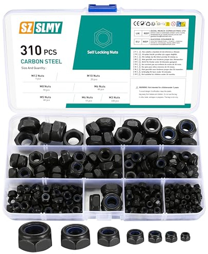 Sechskantmuttern Set, 310 Stk Selbstsichernde Muttern Sortiment Set, Sicherungsmuttern, Schraubenmuttern, Kohlenstoffstahl Sechskant Mutter, Gewindeeinsätze - M3 M4 M5 M6 M8 M10 M12