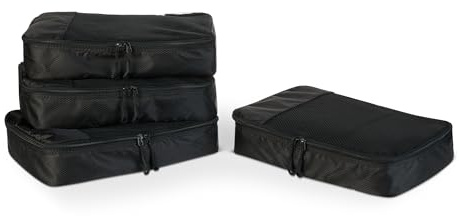 Amazon Essentials 4-teiliges Packwürfel-Reisezubehörset, Gepäckorganizer mit Doppelreißverschluss, Netzoberseite, 100% Polyester, mittelgroß, schwarz (früher Amazon Basics)
