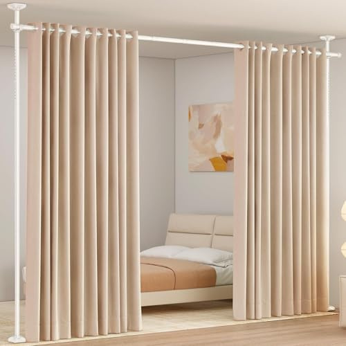 WELDUN Raumteiler Paraventgestell Gardinenstangen, Freistehend Trennwand Paravent ohne Vorhang, Sichtschutz für Wohnzimmer, Schlafzimmer oder Büro 227–312 cm (H), 71–178 cm (B), Weiß