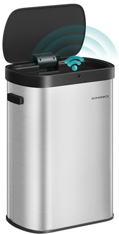 SONGMICS Mülleimer mit Sensor, automatischer Abfalleimer 50 L, Öffnen per Handbewegung oder Berühren, Softclose-Deckel, Stahl, inkl. 15 Müllbeutel, metallicsilber-tintenschwarz LTB640E01
