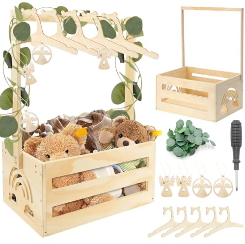 Babyparty Geschenk mit Holz Babykorb auf Rädern | Praktischer Baby Schrank mit Griff & 5 Regenbogen Puppenkleiderbügeln | Geschenkkorb (Holz Babykorb-Rainbow)