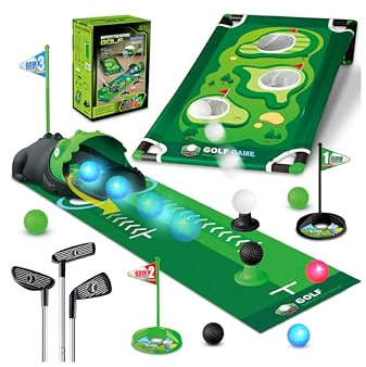 TERRAMUS 3-in-1 Kinder Golfset mit Dinosaurier Automatischem Ballrückgeber, Golf Cornhole-Brett, LED-Leuchtbällen,Putting-Matte,Mini Golf für 3-8 Jahre,Indoor Golfspielzeug Geschenk für Jungen Mädchen