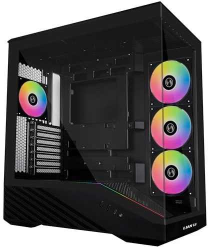 LIAN LI Vector V100 PC-Gehäuse Schwarz – ATX Midi-Tower mit Tempered Glass, RGB-Beleuchtung, 4X 120-mm-Lüfter, Platz für 360mm Radiator, GPU bis 415mm, Back Connect kompatibel