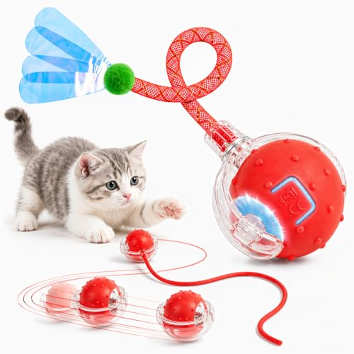 Interaktives Katzenspielzeug Ball, Katzenball Elektrisch mit 2 Schwanz | 3 Modi & 360° Unregelmäßige Bewegung, USB Wiederaufladbar, Geräuscharm, Automatisches Katzenspielzeug für Wohnungskatzen