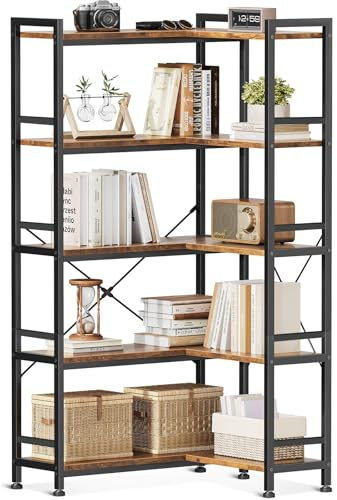 Coleshome 5-Etagen Bücherregal L-Form Eckregal Stehend, Regal Aufbewahrungs-Display für Wohnzimmer Home Office Schlafzimmer, Braun, 72.8 x 65.3 x 145.5